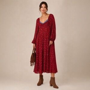 Free People Red Midi Iris Dress Smocked Square Neck Puff Sleeve Floral Red S